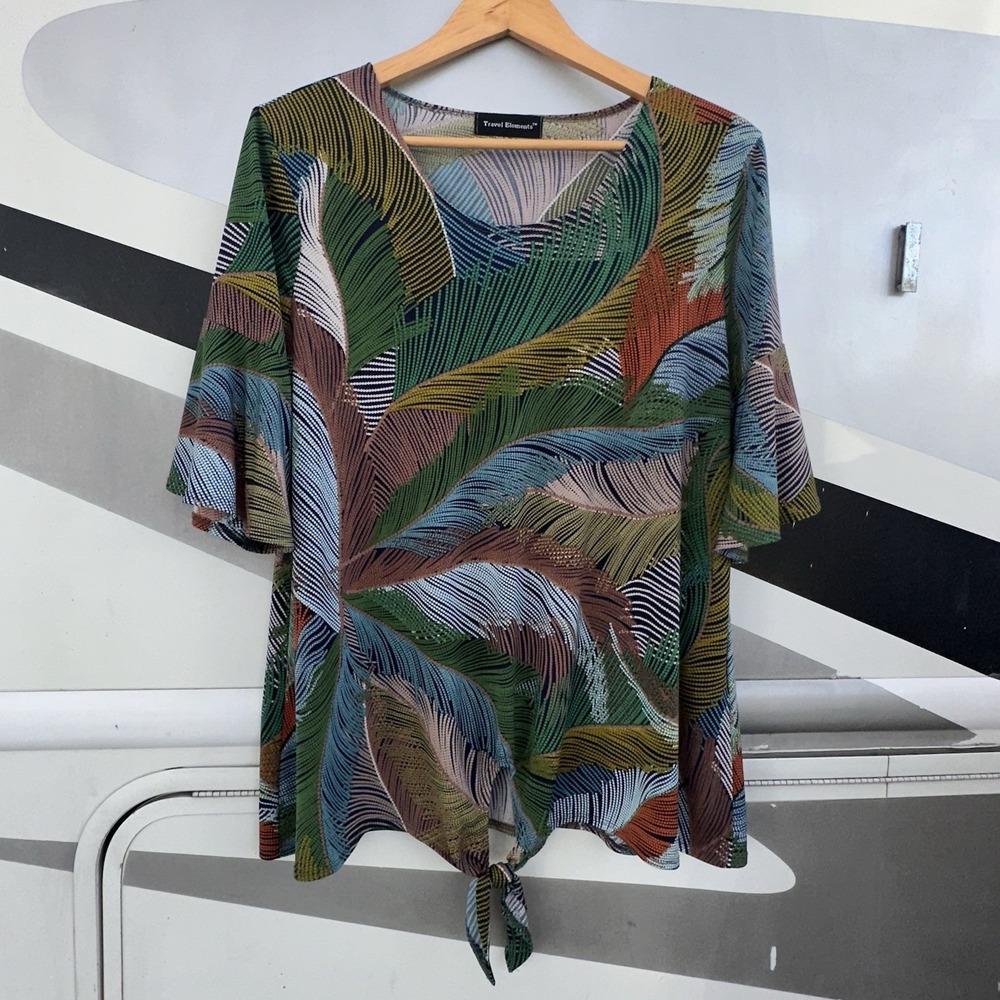 Travel Elements Bold Fern Stretch Top Size L 3/4 Bell Sleeves Tie Front Blouse